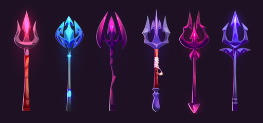 Poseidon or Neptune magic trident for game ui design. Cartoon vector illustration set of fantasy pitchfork made of wood and metal decorated with gem stones. Mythology nautical trishul weapon.