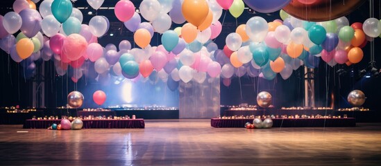 A large room is filled with numerous multicoloured helium balloons, creating a festive and celebratory atmosphere. The balloons are decorating the interior of a restaurant venue banquet hall for an - obrazy, fototapety, plakaty