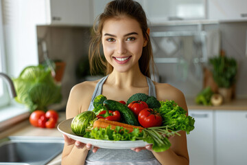 Obraz na płótnie Canvas Portrait of a young happy sporty slim woman wearing sportswear holding plate with different vegetables at home. Healthy nutrition, diet and lifestyle concept