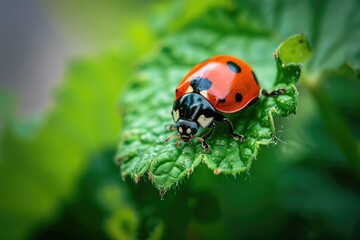 Ladybug, red with black dots green plant leaf. A beautiful brightly colored insect crawling on a bush leaf on a sunny day.