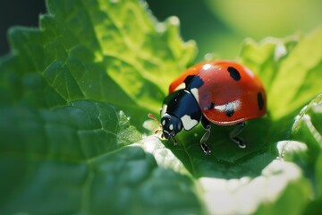 Ladybug, red with black dots green plant leaf. A beautiful brightly colored insect crawling on a bush leaf on a sunny day.