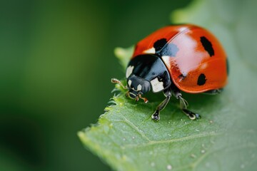 Obraz premium Ladybug, red with black dots green plant leaf. A beautiful brightly colored insect crawling on a bush leaf on a sunny day.