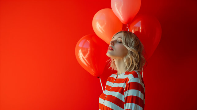 young beautiful emotional girl with red ballons on red background