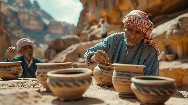 Jordanian artisans crafting traditional pottery in Pet, generative ai 