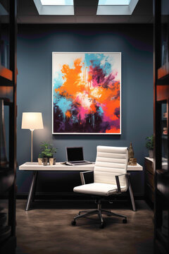 A stylish office design harmonizing simplicity and bursts of color, showcasing a blank white frame amidst a backdrop of rich, inspiring tones, fostering creativity.