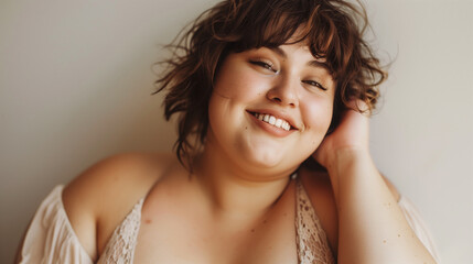Body Positive. Beautiful Curvy Woman Posing In Underwear Over Beige Studio Background,