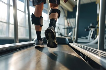A disabled man with a prosthetic instead of a leg trains on a treadmill. Close-up of sneakers on the belt of a sports simulator.