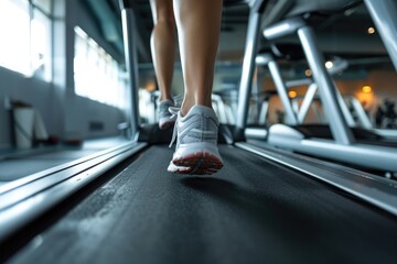 Close-up of legs in sneakers, girl athlete doing sports on a treadmill. Active running workout of a...