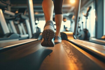 Active running workout of a woman in a fitness center. Close-up of legs in sneakers, girl athlete doing sports on a treadmill.