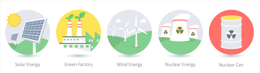 A set of 5 ecology icons as solar energy, green factory, wind energy