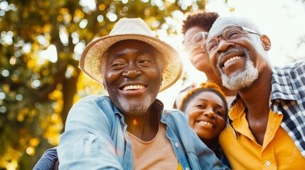 Images of diverse seniors engaging in inspiring retirement activities, hiking and happy senior friends bonding, talking and laughing at comic joke in forest. - obrazy, fototapety, plakaty