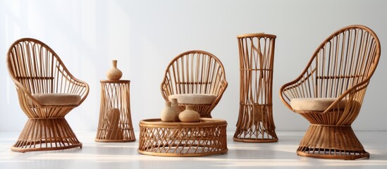A group of handcrafted wicker chairs and stools made from bamboo rattan are displayed together. The chairs and stools are intricately woven, showcasing the craftsmanship of the pieces.
