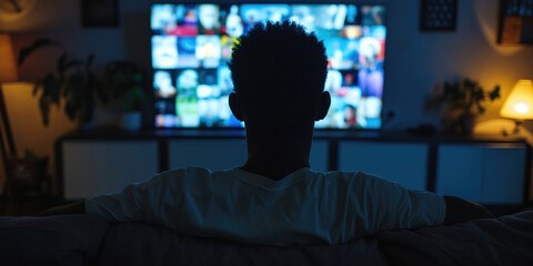 Back of school teenage boy choosing watching tv screen select channel what to watch when staying at home. Sedentary entertainment addicted lifestyle. Addiction to technology gadgets and media concept. - obrazy, fototapety, plakaty