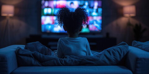 Sedentary entertainment addicted lifestyle. Addiction to technology gadgets and media concept. Back of school toddler girl choosing watching tv screen select channel what to watch when staying at home - obrazy, fototapety, plakaty