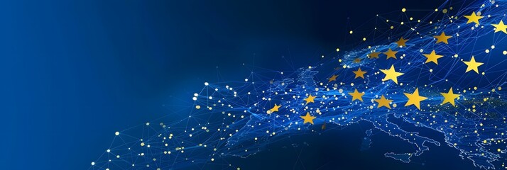 European Union flag banner with a brush stroke on a blue background. Horizontal banner