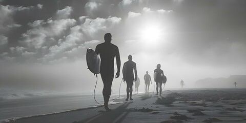 Nostalgic BW Photo of Surfers from Bygone Era . Concept Vintage, Black and White, Surfers, Nostalgic, Bygone Era