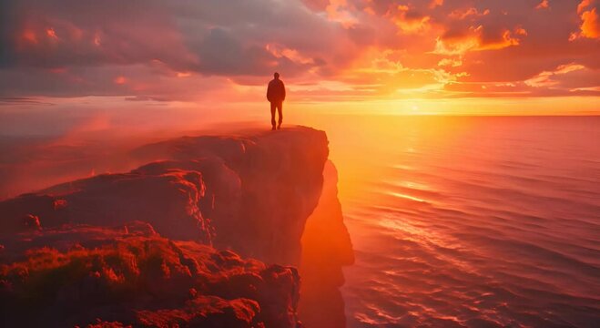a man standing on the edge of a cliff at sunset, in the style of clever juxtapositions, realistic landscapes, celebrity photography, muted colorscape mastery, california impressionism, 8k resolution, 