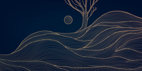 Vector wave line landscape with sun, moon and tree. Abstract hill nature background, japanese style. Minimalist texture pattern.