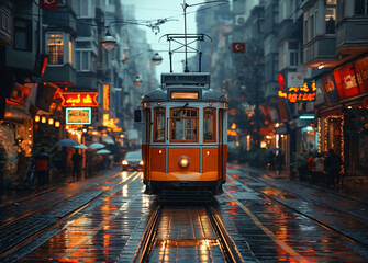 An Istanbul downtown a street car of a retro tram going down a istiklal street at the early morning