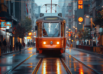 An Istanbul downtown a street car of a retro tram going down a istiklal street at the early morning