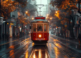 Fototapete Rund An Istanbul downtown a street car of a retro tram going down a istiklal street at the early morning © KAL'VAN