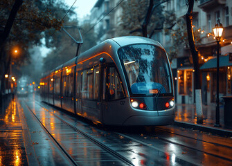 An Istanbul downtown a street car of a tram going down a street - obrazy, fototapety, plakaty