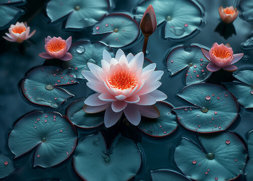.Lotus flower with leaves in pond​. Top view, flat lay, natural background​.