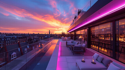 Obraz premium Sunset View from Rooftop Terrace with Outdoor Lounge Area