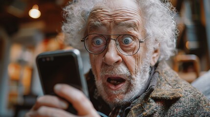 Grandpa discovering social media on a smartphone, eyes wide with surprise