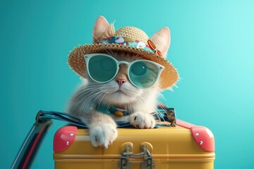 Cat with sunglasses and suitcase. - obrazy, fototapety, plakaty