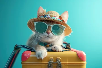 Foto op Plexiglas Cat with sunglasses and suitcase. © Nazia