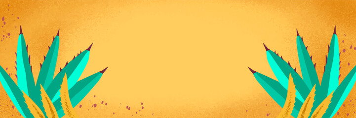 Banner, background with leaves of succulents in yellow and blue colors for design. Vector illustration with ability to change color and move objects.