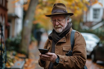 Elderly gentleman tracking his steps, a health app aiding his fitness journey