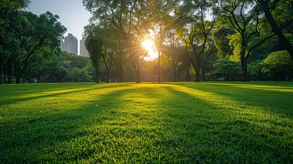 Foto op Plexiglas Gorgeous sunrise at public garden with verdant lawn and lush foliage at Park © ckybe