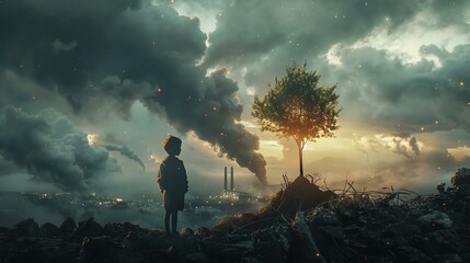 Amidst industrial smoke, a child embraces a tree, a stark image of hope - obrazy, fototapety, plakaty