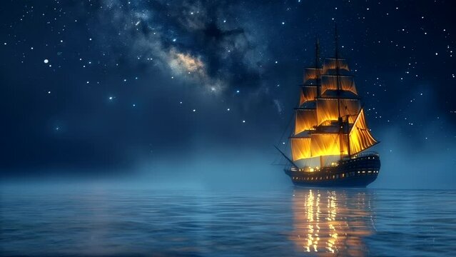 Sailing ship in the middle of ocean waves under the starry sky at night. seamless looping 4k time-lapse animation video background
