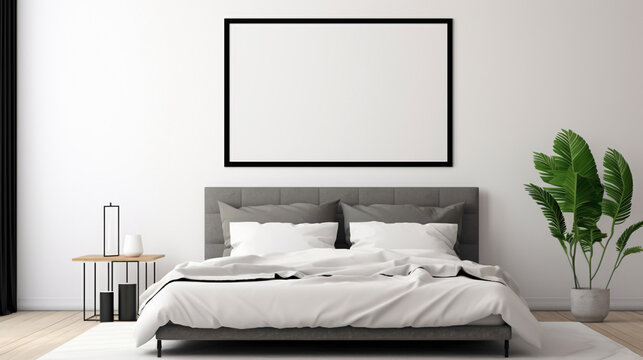 A stylish bedroom with a blank white empty frame, featuring a simple black and white photograph of a single object that creates a striking visual impact.