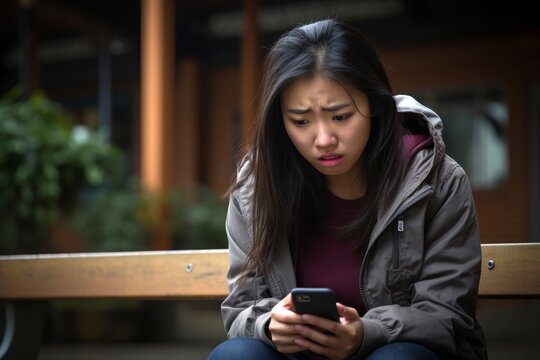 
Photo of a teenage girl, age 17, Asian, sitting on a bench in a school courtyard, her face filled with anguish as she listens to troubling news on her cellphone