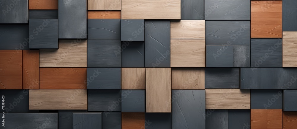 Poster a wall constructed entirely of wooden blocks, creating a unique and rustic texture design commonly u