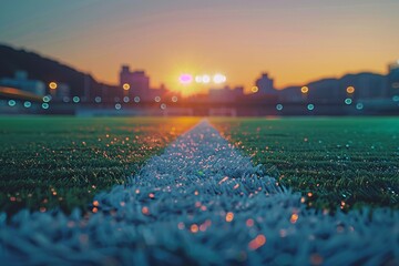 Blurry background of a soccer field in a stadium at night. - obrazy, fototapety, plakaty