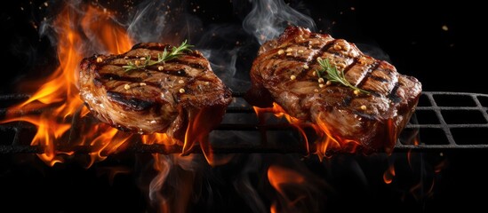 Two beef steaks sizzle on a hot grill, flames licking the meat as they cook to perfection. The grill grid is isolated against a black background.