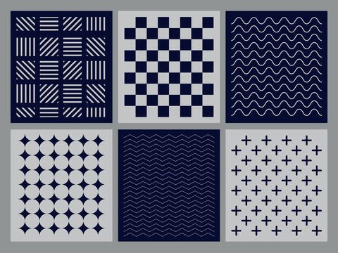 set of minimalist geometric patterns, minimalist backgrounds of textures of lines and shapes, azules y gris patrones