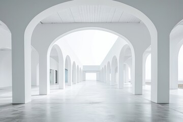 Minimalistic white building with round arches. Surreal architecture.