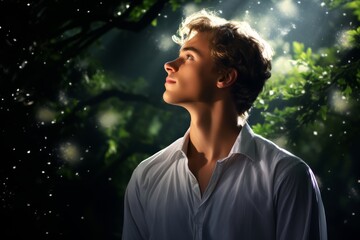
Photo of a young man with angelic beauty, his ethereal presence illuminated by the soft glow of...