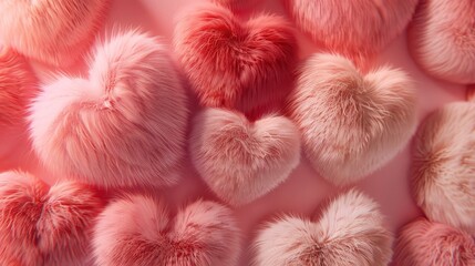Fuzzy Love. 3D Fur Hearts Textured with a Pastel Pink and Red Color Palette, Adding Warmth and Softness to Romantic Designs.