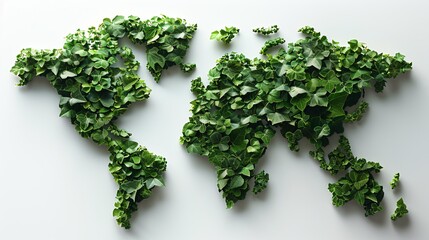 The worldwide growth of sustainable business and the green economy represented by a map of the globe made of an arranged cluster of foliage growing on trees as a symbol of environmental preservation.