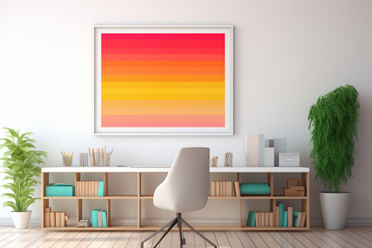 A stunning image of an office setting, emphasizing a blank white frame against a backdrop of minimalistic design, mockup elements, and a vivid display of simple, colorful tones.