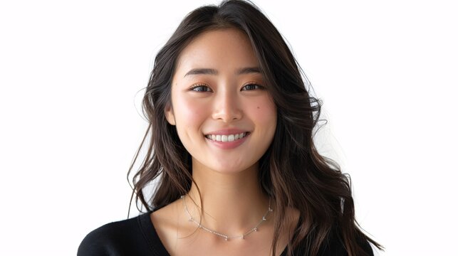Beautiful young Asian woman with a cheerful expression, standing alone on a white backdrop, representing beauty, cosmetics, and dentistry.