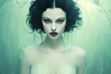 Sexy female vampire with ghostly pallor and captivating ruby eyes, against a background of solid pastel mint green, exuding an aura of enchanting allure and danger.