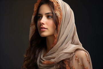 a beautiful muslim woman 24 years old, wearing beautiful dupatta full cover, side pose view with smiling - obrazy, fototapety, plakaty